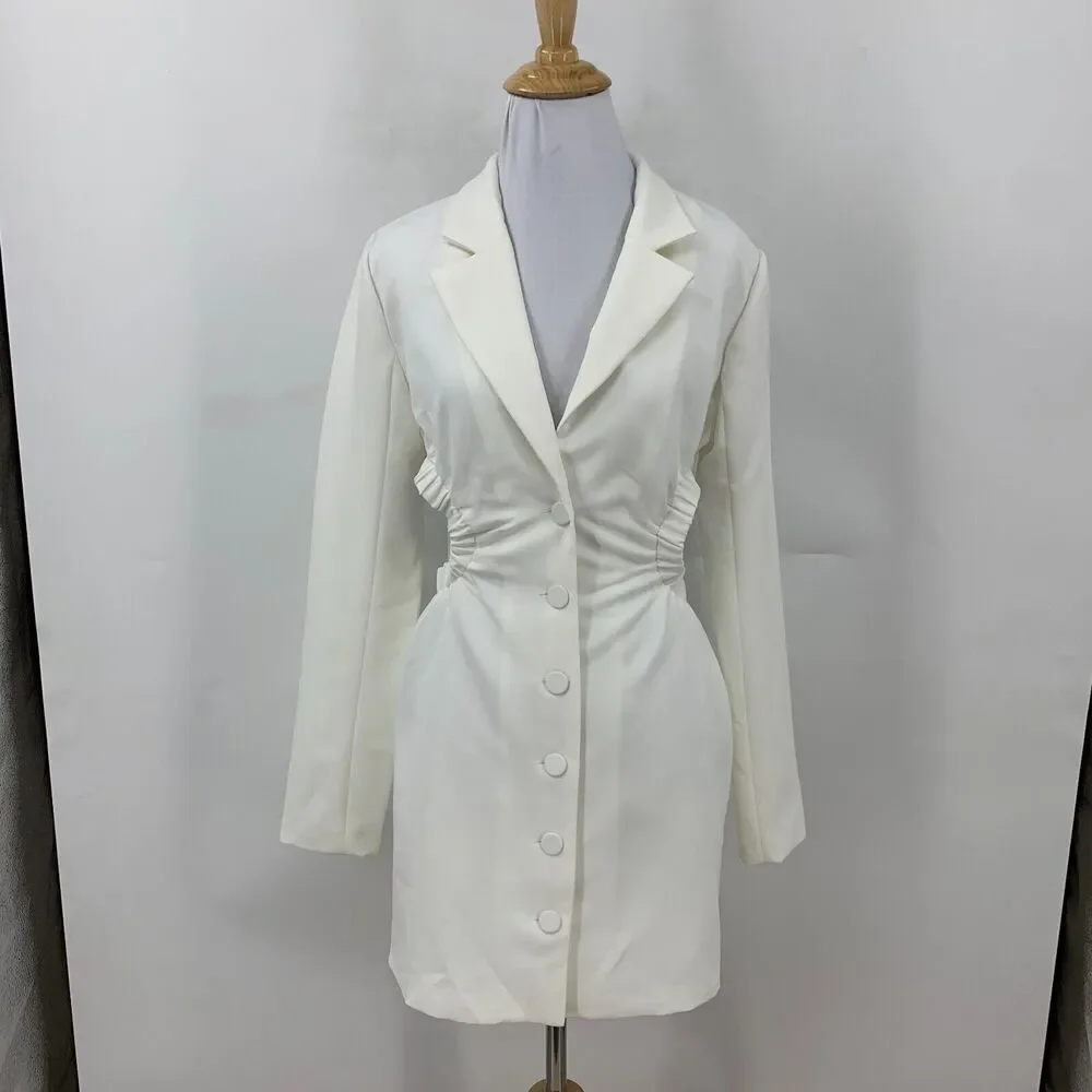 Fashion Nova Mini Dress Womens S Small Off White Serious Business Blazer V Neck